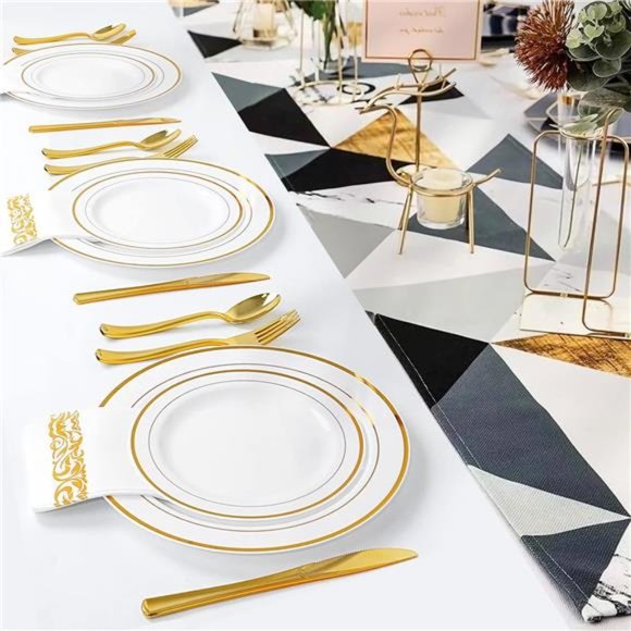 Gold Plastic Plates,100 Pieces Disposable Party Plates for Weddings, Premium - Picture 4 of 8